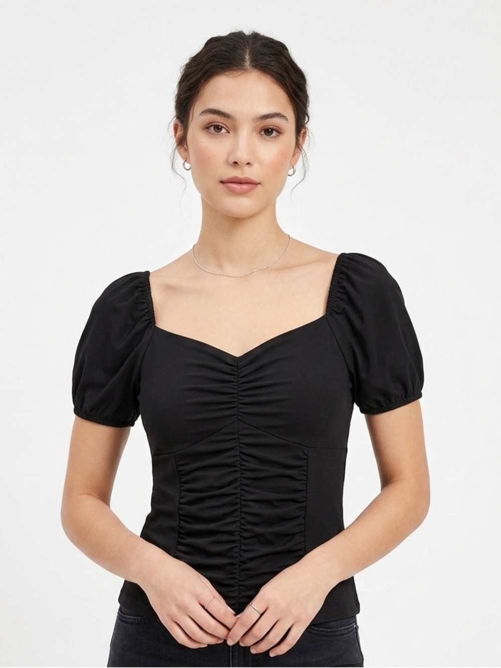 PerSeption Concept Black Ruched Off-Shoulder Puff Sleeve Crop Top Sz M Preowned